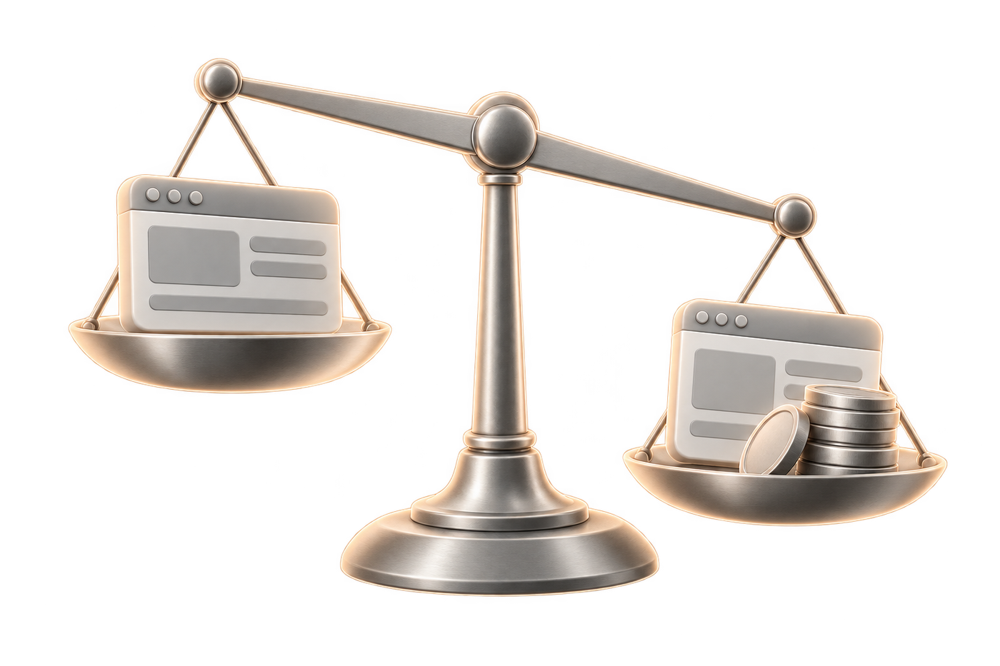 Scale holding two identical websites, one weighed down with extra coins