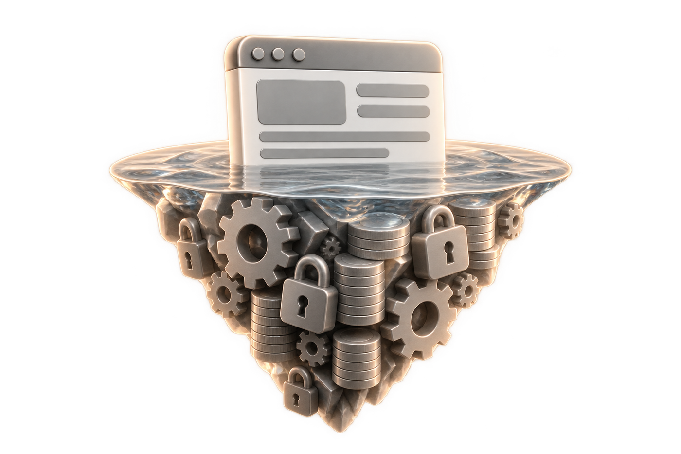 Website above the waterline, with a hidden mass of gears, padlocks and coins beneath it