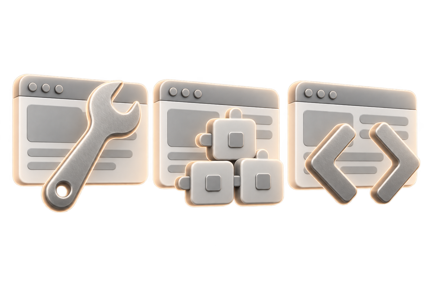Three websites with different maintenance tools: wrench, modules and code chevrons