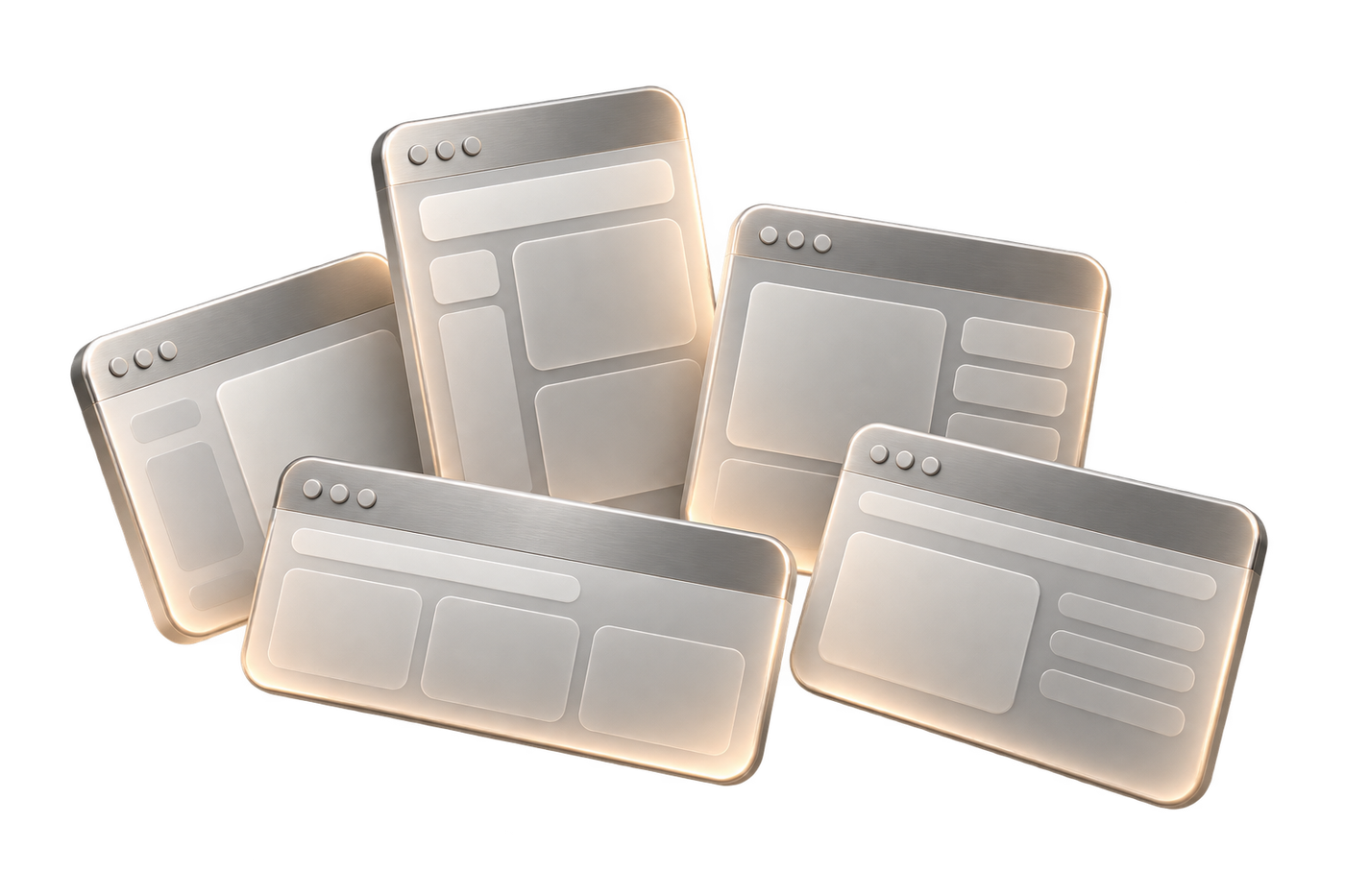 A fan of five browser windows of different shapes