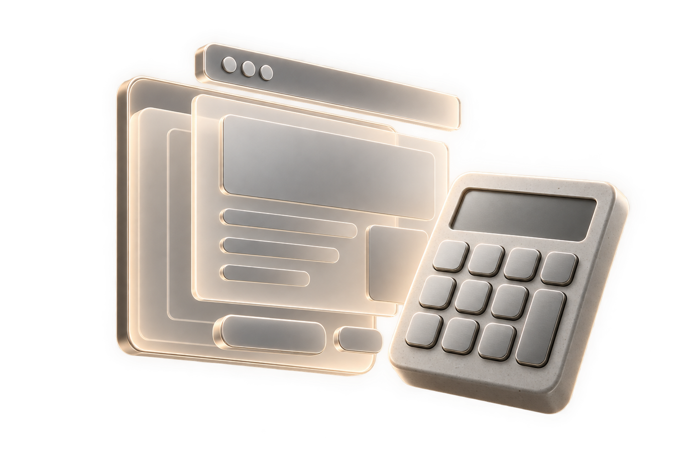 Fenêtre de navigateur éclatée en couches à côté d’une calculatrice