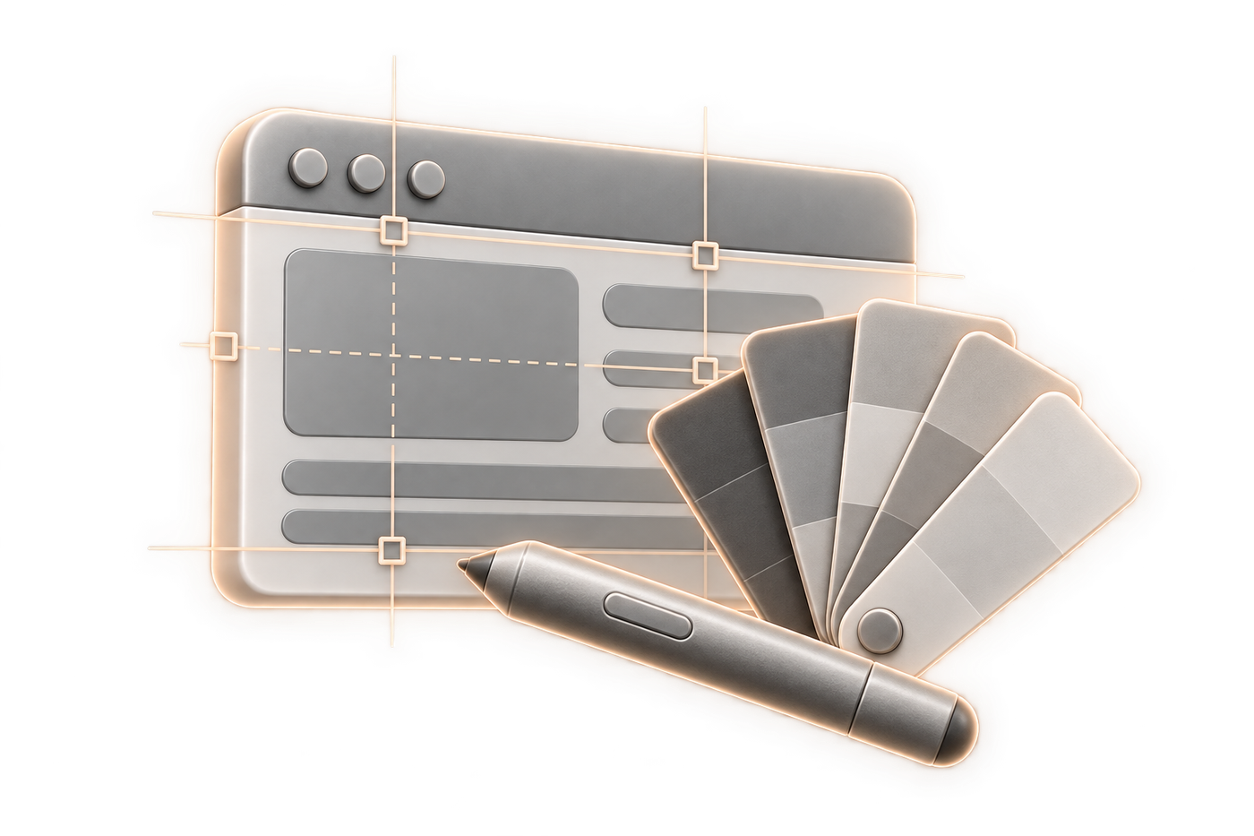Browser window with alignment guides, colour swatches and a stylus