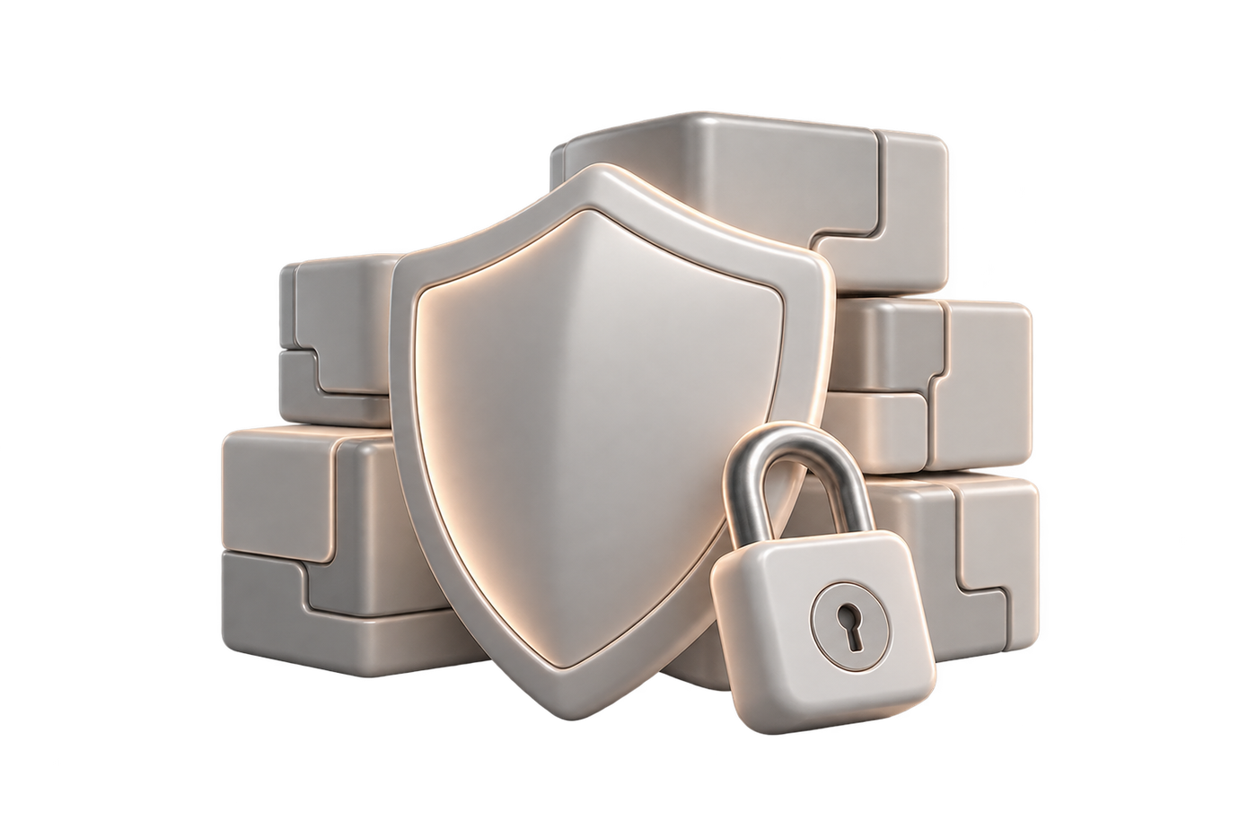 Shield and padlock in front of a stack of blocks