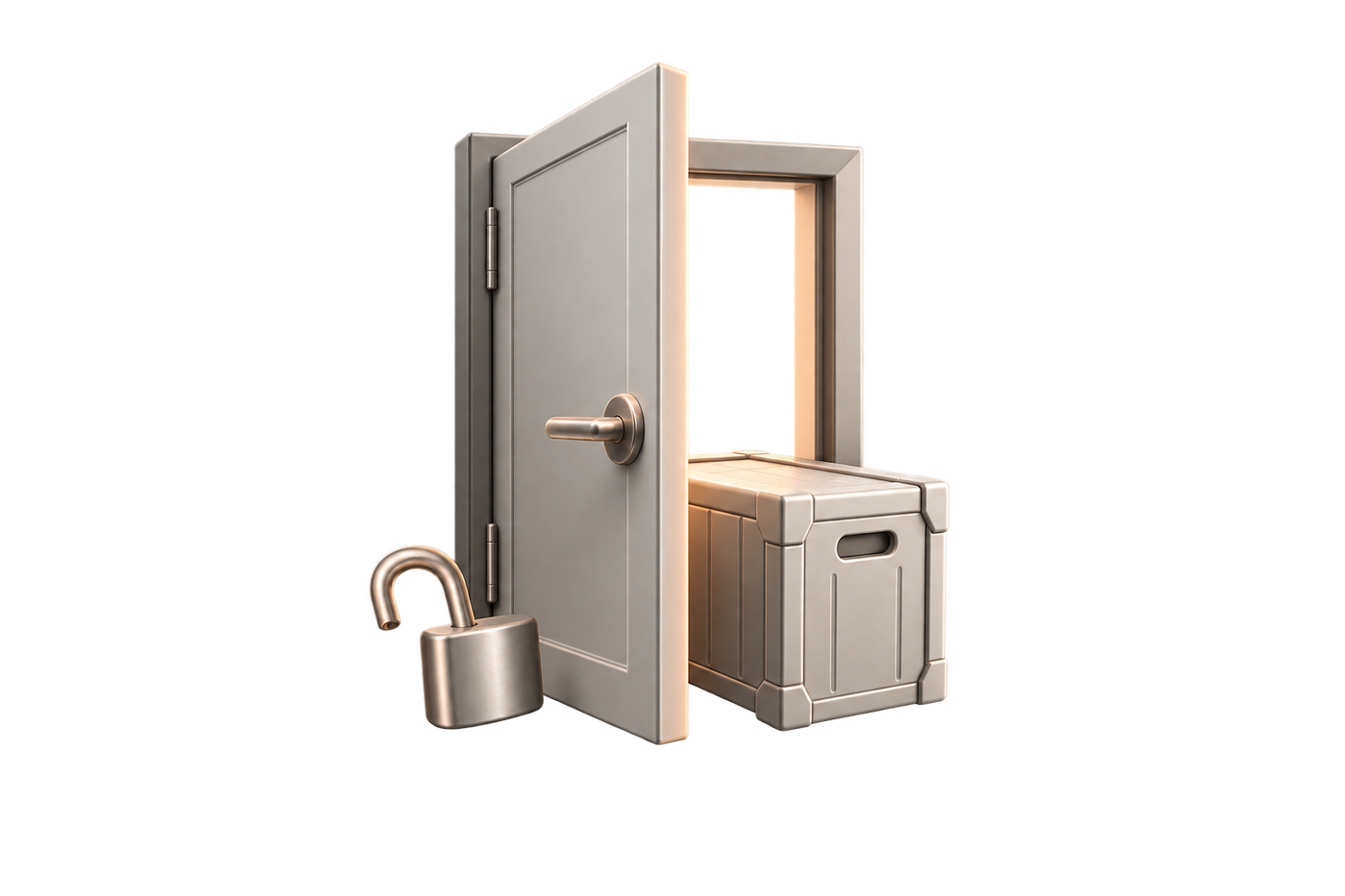 Porte entrouverte, caisse qui la franchit et cadenas ouvert