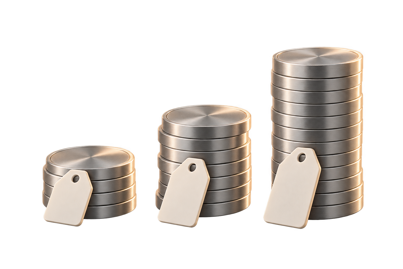 Three stacks of coins of different heights with blank labels