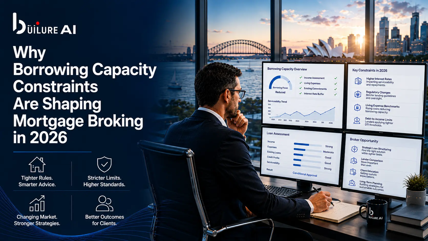 A mortgage broker reviewing borrowing capacity and serviceability assessment documents at a desk in an Australian office setting.