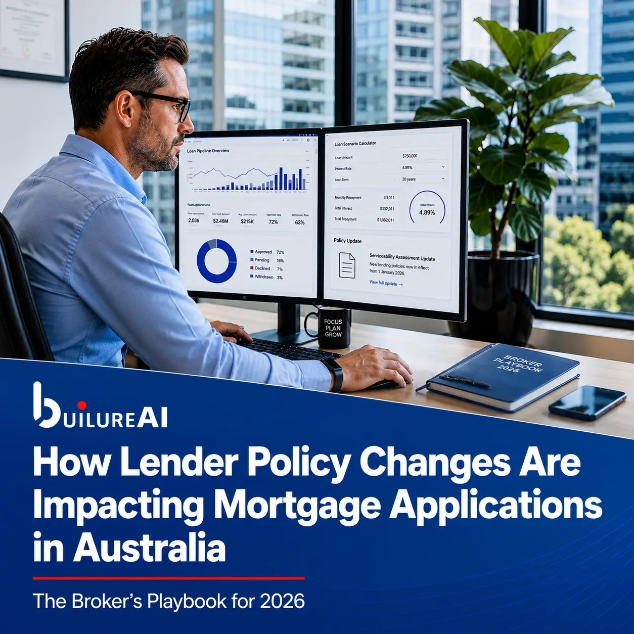 A professional broker reviewing complex financial documents and a digital loan assessment portal on a dual monitor setup.
