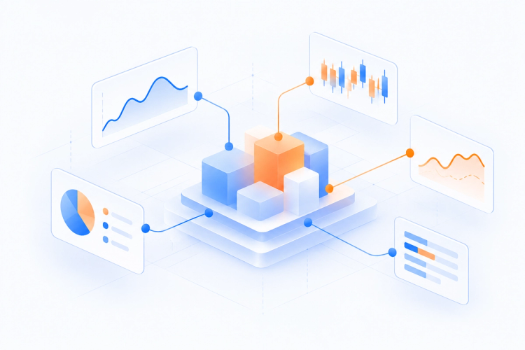 Modular blue glass structures assemble around a glowing orange core above layered glass panels, representing adaptive financial intelligence.