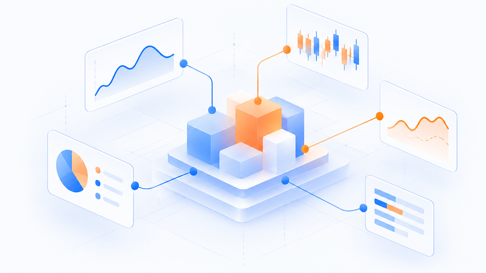 Modular blue glass structures assemble around a glowing orange core above layered glass panels, representing adaptive financial intelligence.