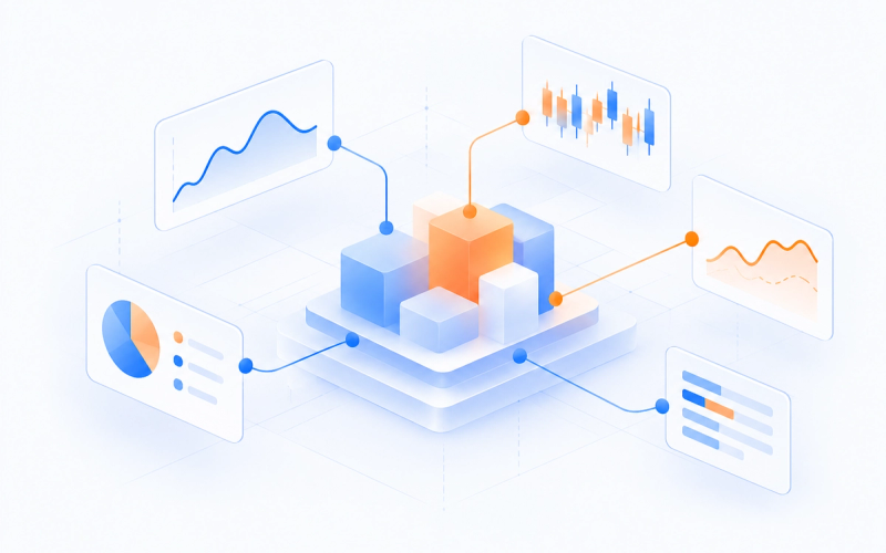 Modular blue glass structures assemble around a glowing orange core above layered glass panels, representing adaptive financial intelligence.