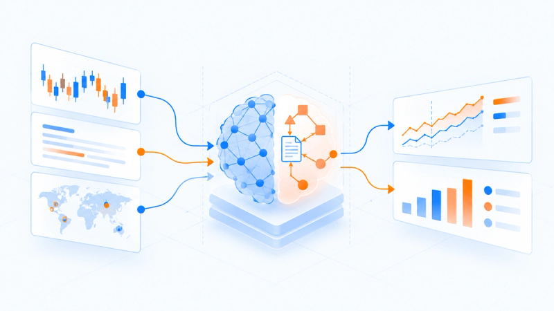 Blue neural strands and geometric glass tiles form a loop joined by orange light above three portfolio sheets, illustrating neuro-symbolic AI in finance.