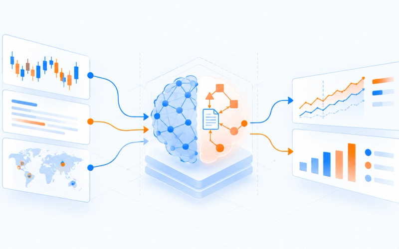 Blue neural strands and geometric glass tiles form a loop joined by orange light above three portfolio sheets, illustrating neuro-symbolic AI in finance.