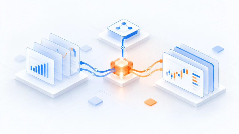 An orange prism illuminates an undulating blue glass landscape, representing adaptive reasoning across changing financial markets.