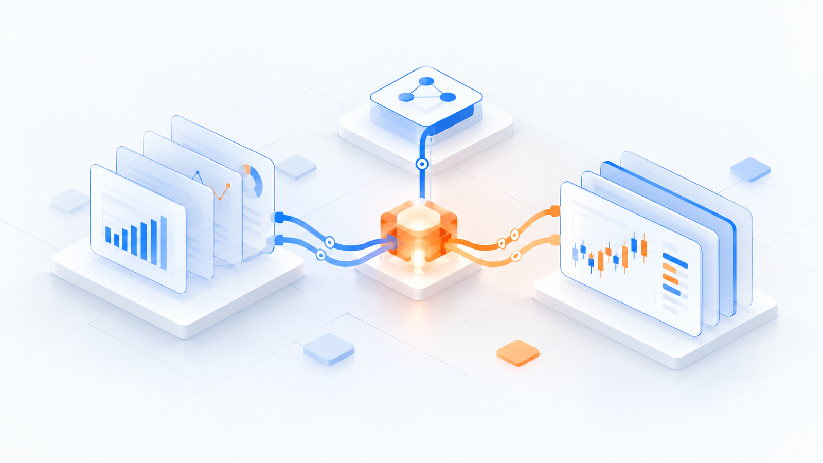 An orange prism illuminates an undulating blue glass landscape, representing adaptive reasoning across changing financial markets.