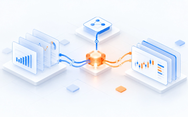 An orange prism illuminates an undulating blue glass landscape, representing adaptive reasoning across changing financial markets.