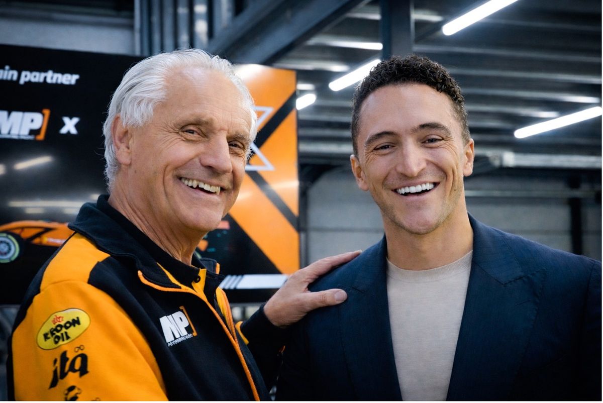 Henk de Jong, owner of MP Motorsport (left), with Robin Ubaghs, CEO of Prop.com and Chairman and Co-Founder of Welfare Group, at MP’s Westmaas workshop