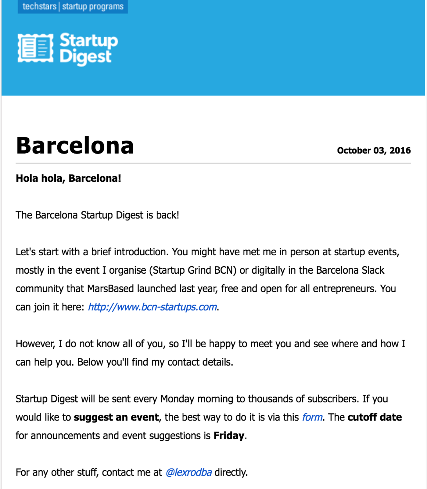 Startup Digest Barcelona first email