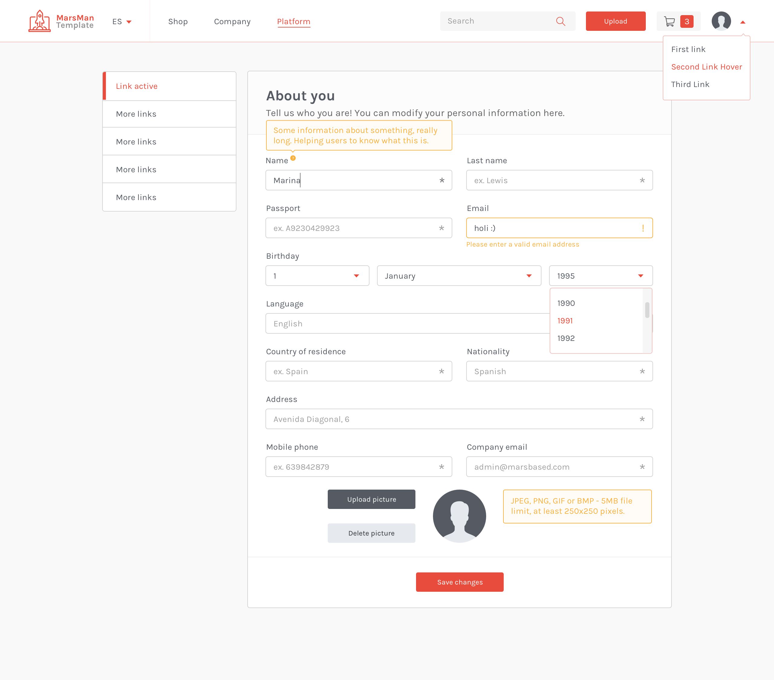 Edit Profile page in the MarsMan Template