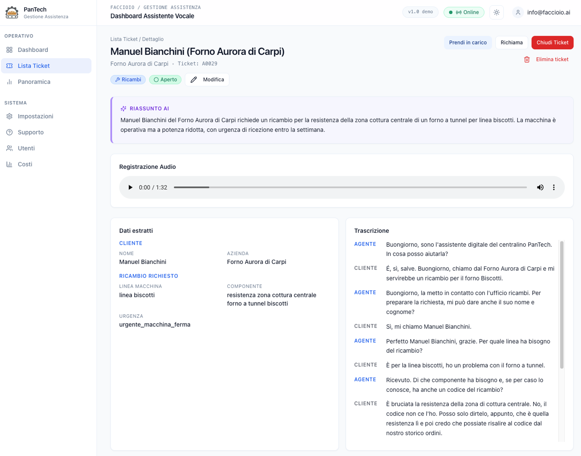 Agente AI Customer Care Industriale