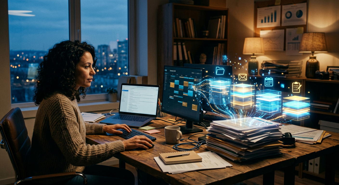 A cluttered desk of admin work being organized automatically by an AI assistant