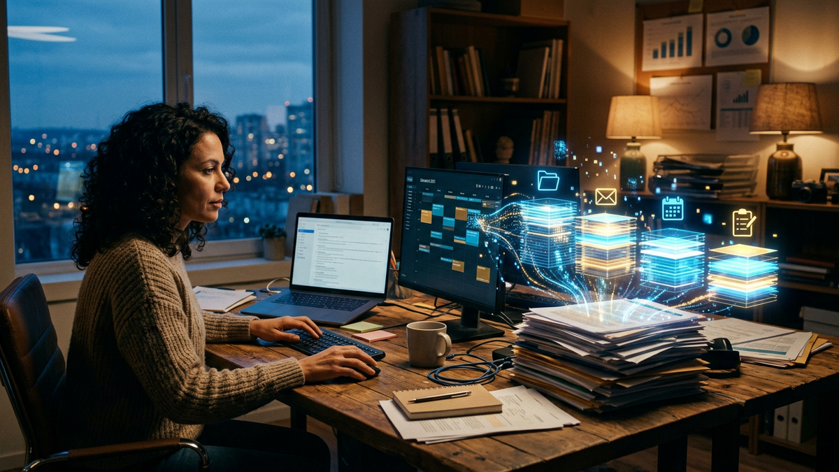A cluttered desk of admin work being organized automatically by an AI assistant