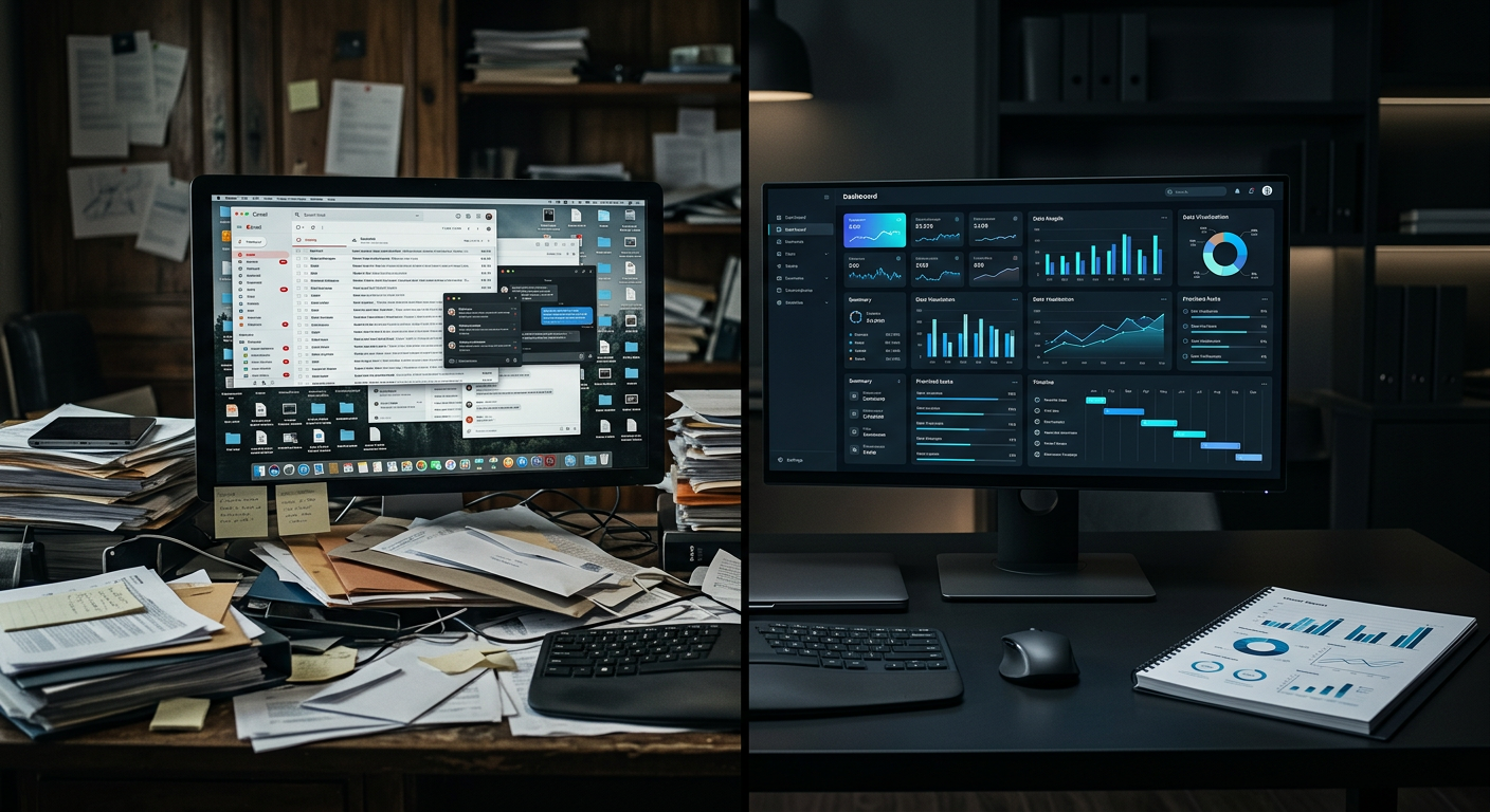 Split screen: messy documents and messages on the left, an organized dashboard and report on the right