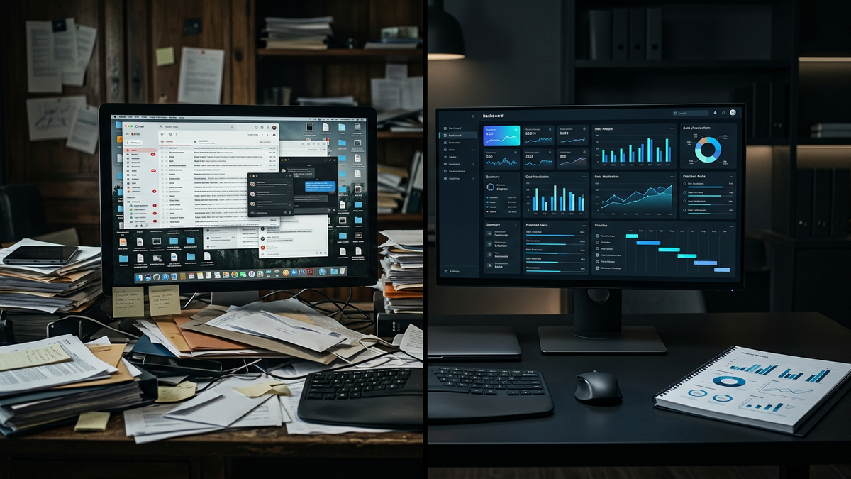 Split screen: messy documents and messages on the left, an organized dashboard and report on the right