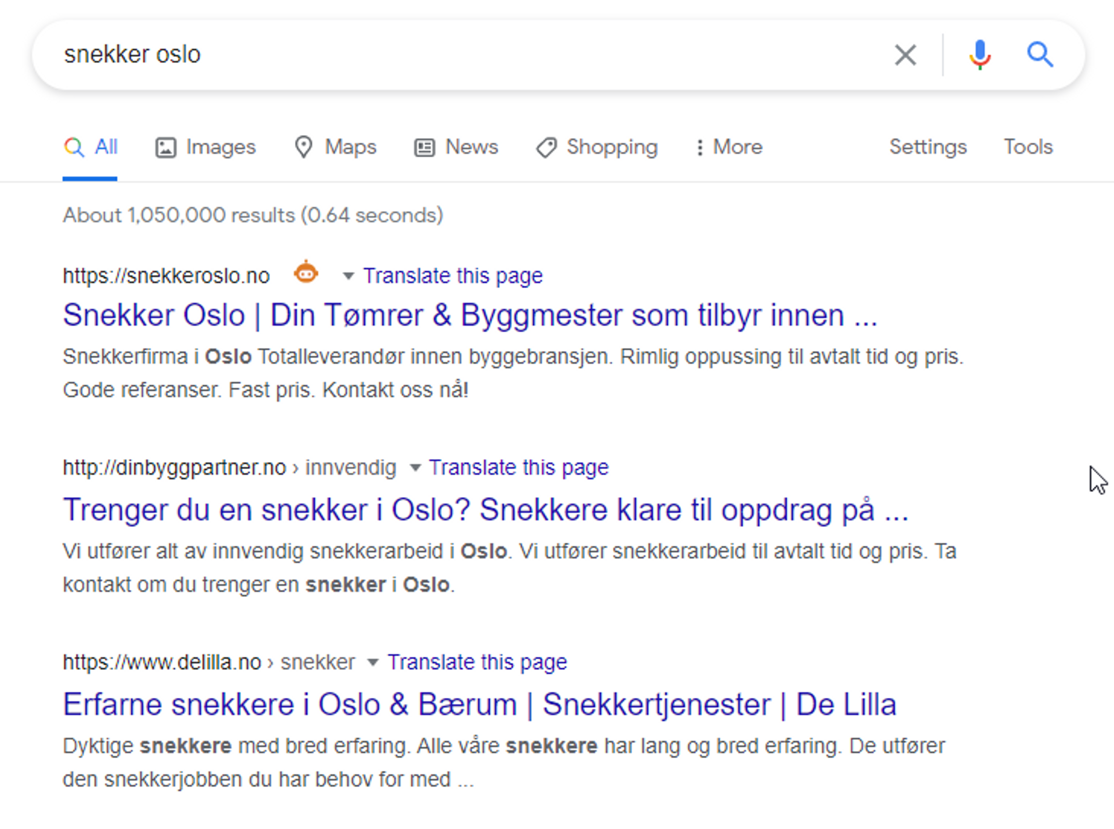 Google-søk for snekker i Oslo