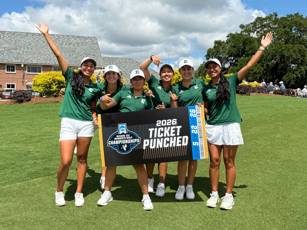 Eastern Michigan Women's Golf celebrate advancing to the 2026 NCAA Women's Golf Championships