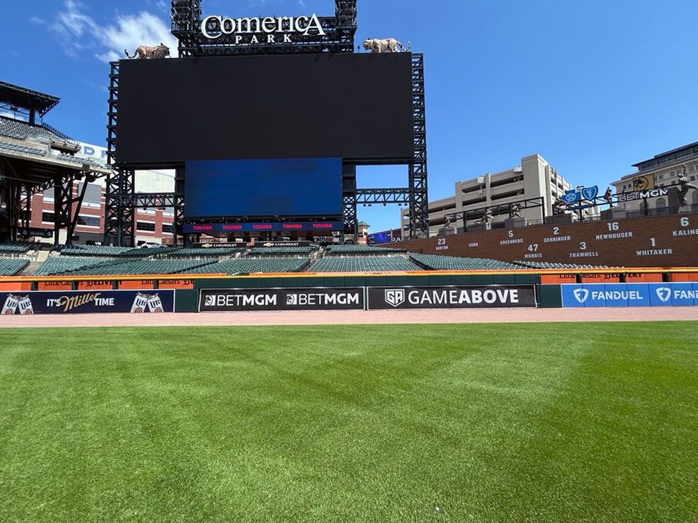 Left field wall at Comerica Park, home of the Detroit Tigers