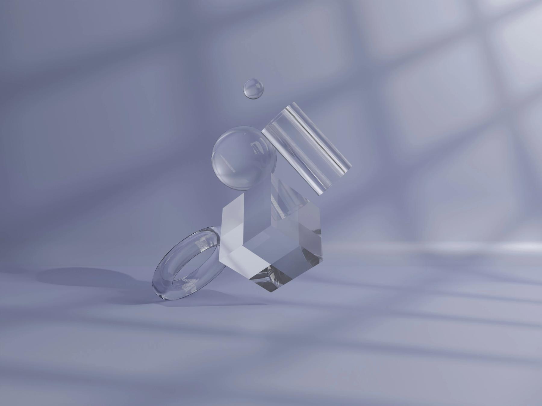 In the center of the image are geometric objects made of glass. The image is an illustration.