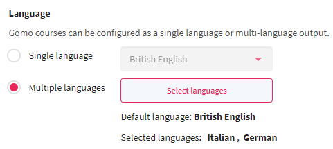 Image showing language selection within Gomo course creation wizard