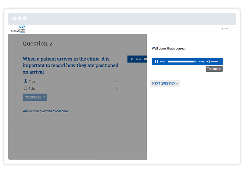 Example of audio embed during knowledge test in Gomo eLearning course authored by Leeds Teaching Hospitals NHS Trust