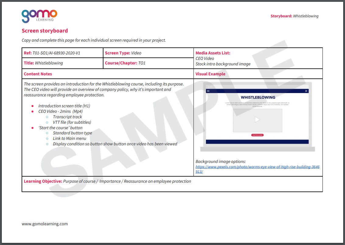 Example of Gomo screen storyboard template