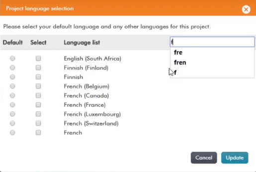 An image showing how Gomo supporting language selection of several different dialects and versions of French