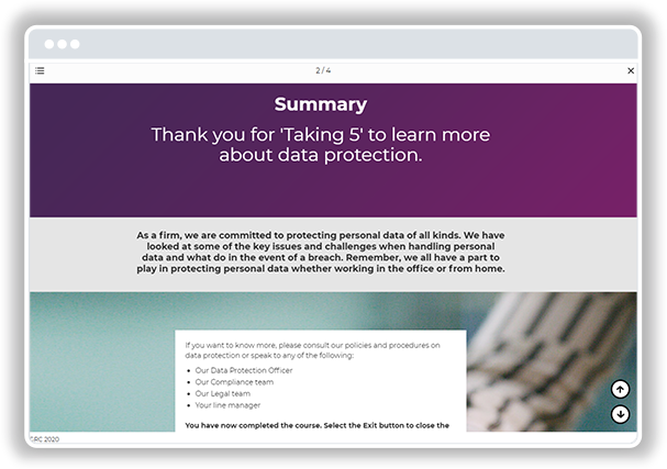 Example of chapter summary screen in LEO GRC eLearning course authored in Gomo