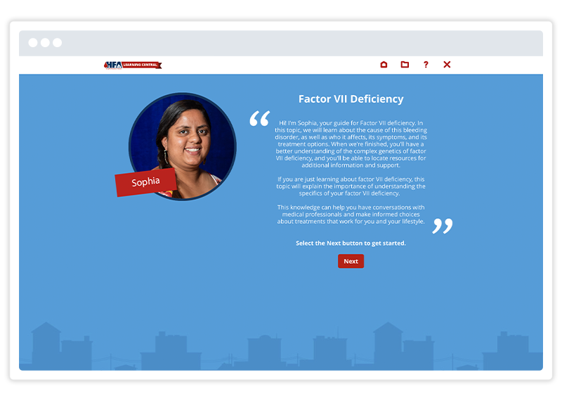  An eLearning screenshot by Hemophilia Federation of America, built using Gomo's eLearning authoring tool 