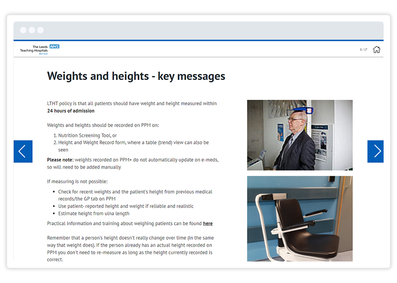 Example of two-column layout in Gomo eLearning course authored by Leeds Teaching Hospitals NHS Trust