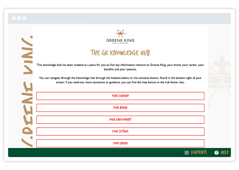 a screenshot of a Greene King knowledge hub offering buttons for a variety of brand information