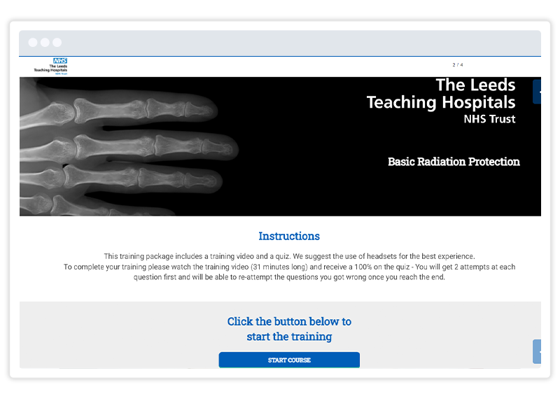 Example of index page in Gomo eLearning course authored by Leeds Teaching Hospitals NHS Trust