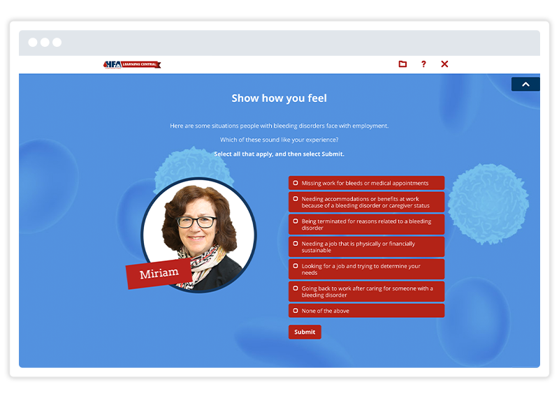  An eLearning screenshot by Hemophilia Federation of America, built using Gomo's eLearning authoring tool 