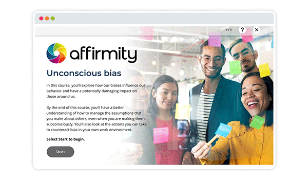 An eLearning screenshot of Diversity and Inclusion training by Affirmity, built using Gomo's eLearning authoring tool 