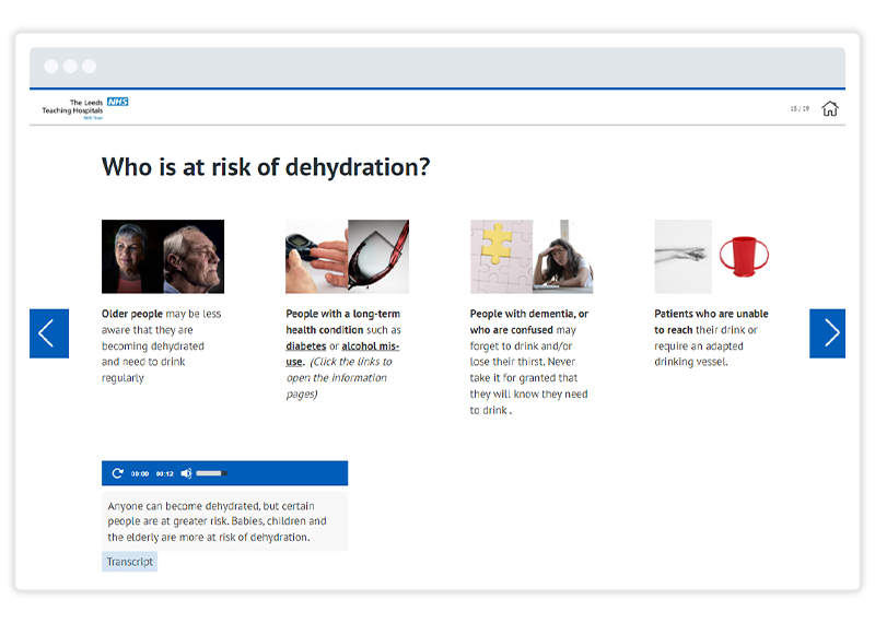 Example of layout and audio embed in Gomo eLearning course authored by Leeds Teaching Hospitals NHS Trust