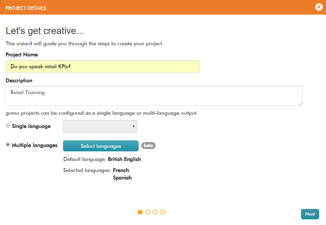 Image showing Gomo's project details view of several course language options for training a global workforce
