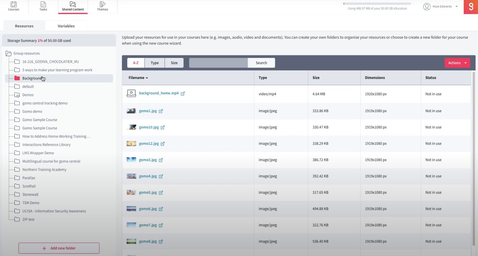 Gomo UI screenshot of share resources area