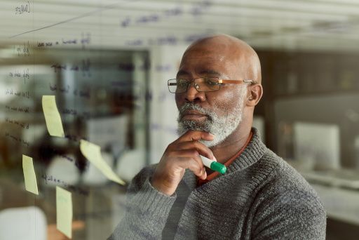 A leader works alone with notes on a transparent wall, potentially appropriate for an individualist culture.