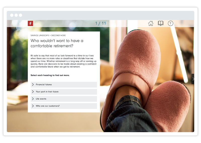 An eLearning screenshot by Fidelity International UK, built using Gomo's eLearning authoring tool 
