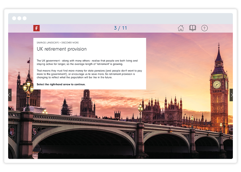 An eLearning screenshot by Fidelity International UK, built using Gomo's eLearning authoring tool 