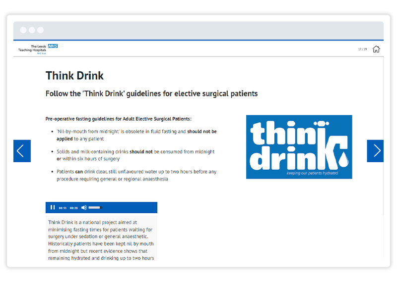 Example of audio embed in Gomo eLearning course authored by Leeds Teaching Hospitals NHS Trust