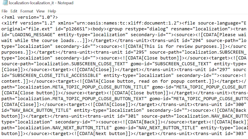 An example of what an XLIFF file looks like when opened in a text editor.